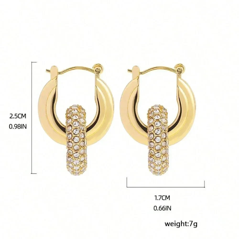 Yellow Gold Women's Gold Color Zinc Alloy Full Diamond Inlaid Hoop Earrings